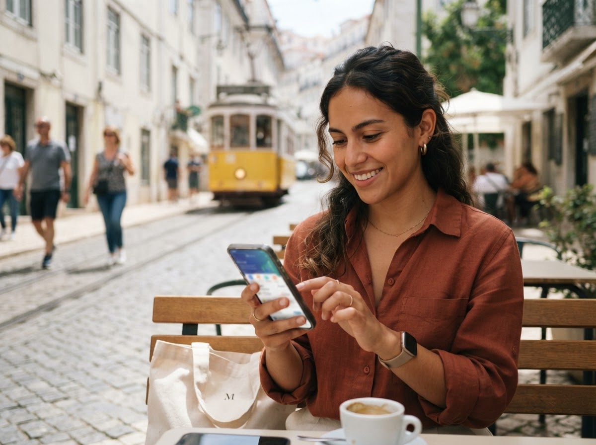 Mujer joven usando una aplicación de banca móvil en su teléfono en una calle europea