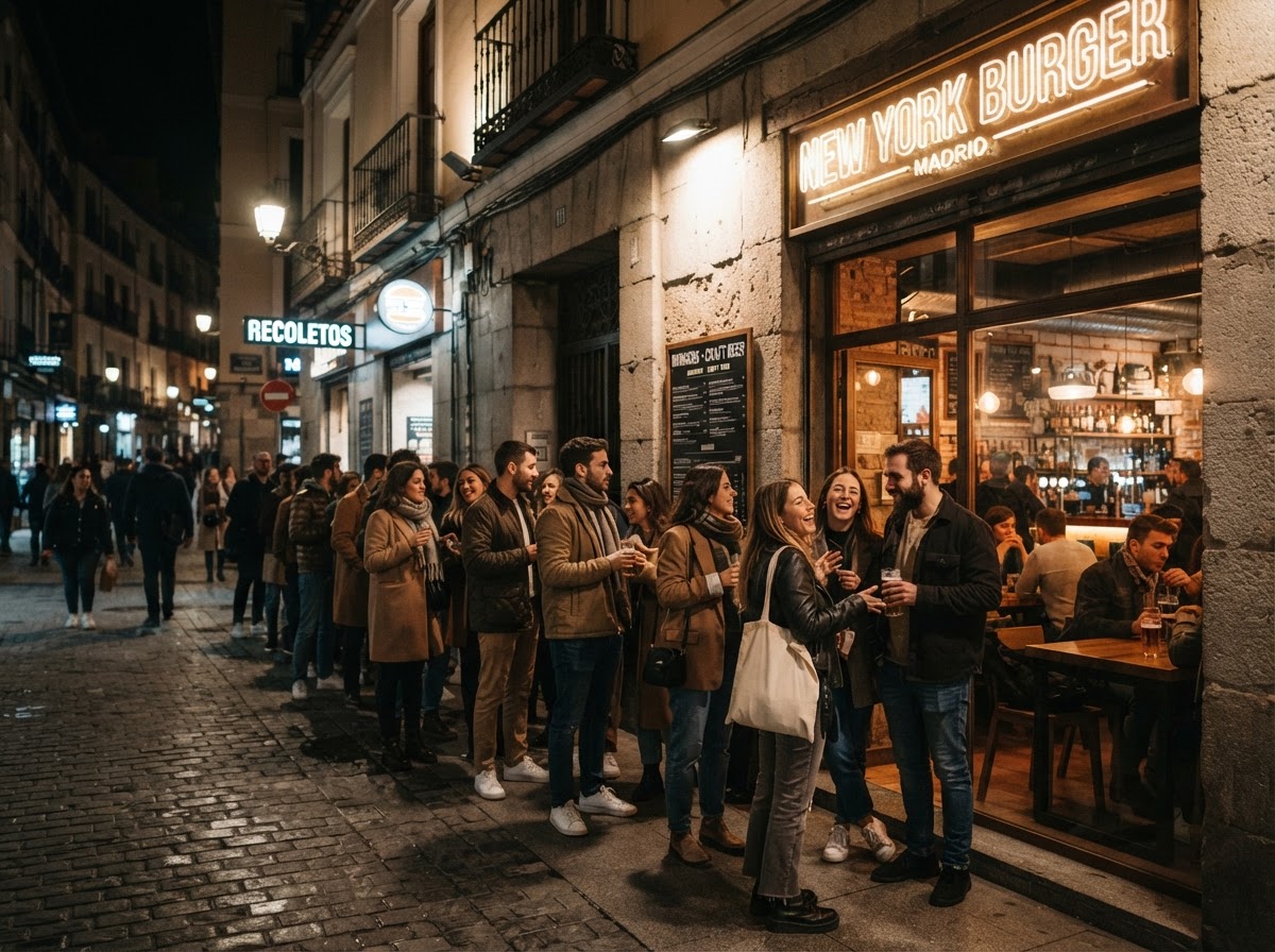 Cola de gente joven en la entrada de un restaurante de Madrid por la noche