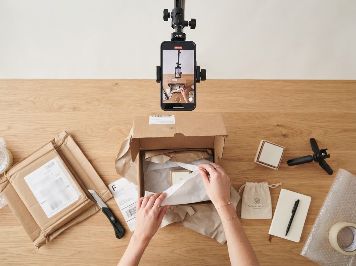 Mesa de creador de contenido con un móvil en trípode grabando paquetes de ecommerce